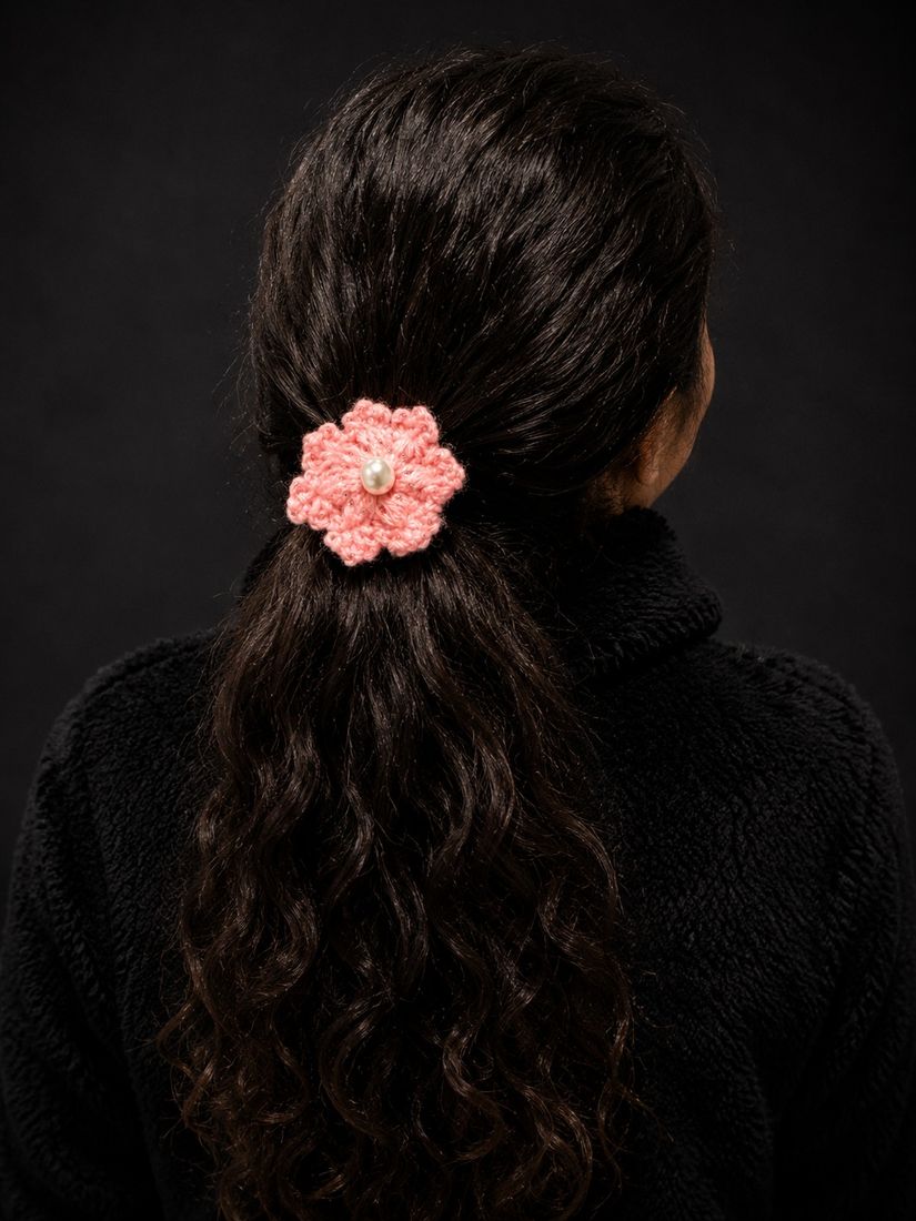 Crochet blossom hair tie with a pearl centre