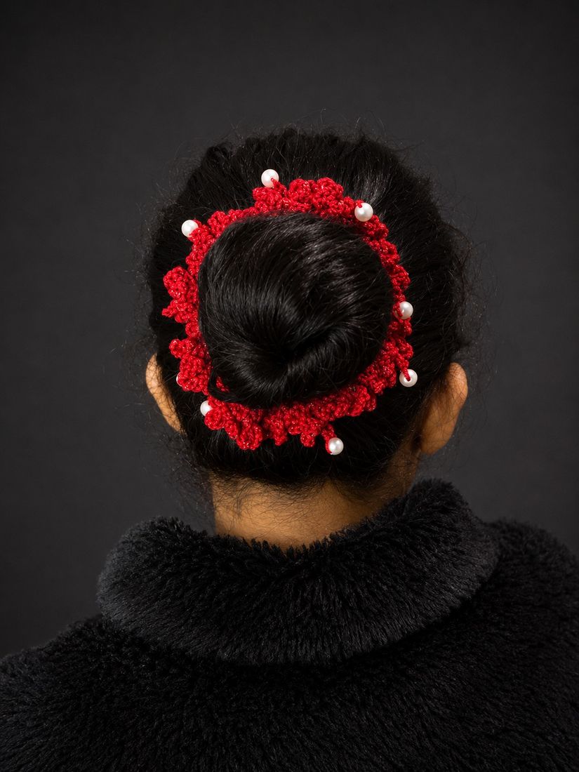 Crochet ruffle scrunchie dotted with pearls