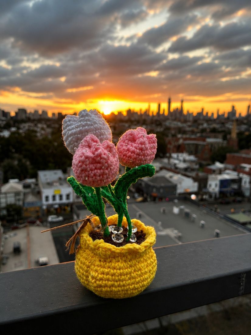 Crochet tulips in a pot
